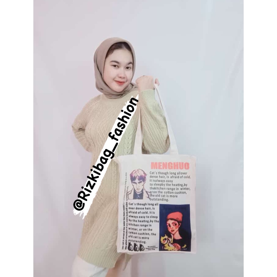 Totebag Kanvas Wanita Pria Aesthestic Menghuo Pakai Resleting