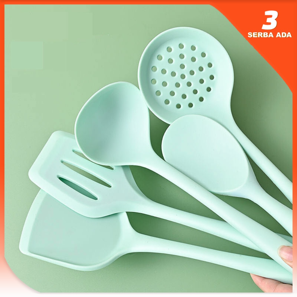 Spatula Set Silikon Tahan Panas Warna Hijau / Alat Masak Set Anti Lengket / Spatula Sodet Sutil Kuas Sendok Nasi Centong Sayur Saringan kocokan Telur