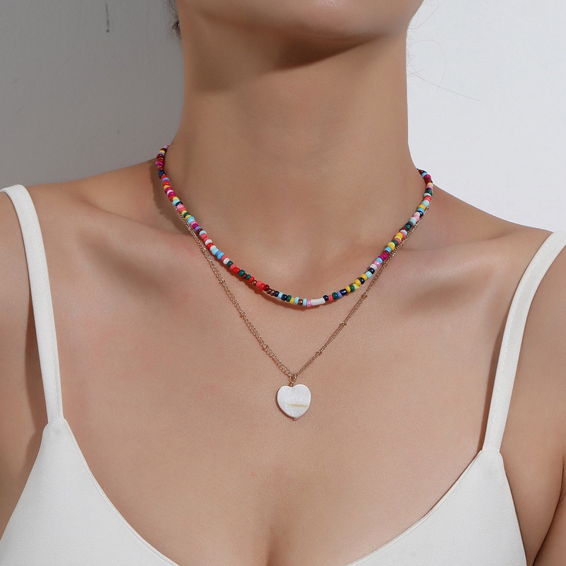 Manik-manik Padi Warna Fashion Baru Cinta Shell Kalung Perempuan Double Layer Kepribadian Liar Buatan Tangan Kalung