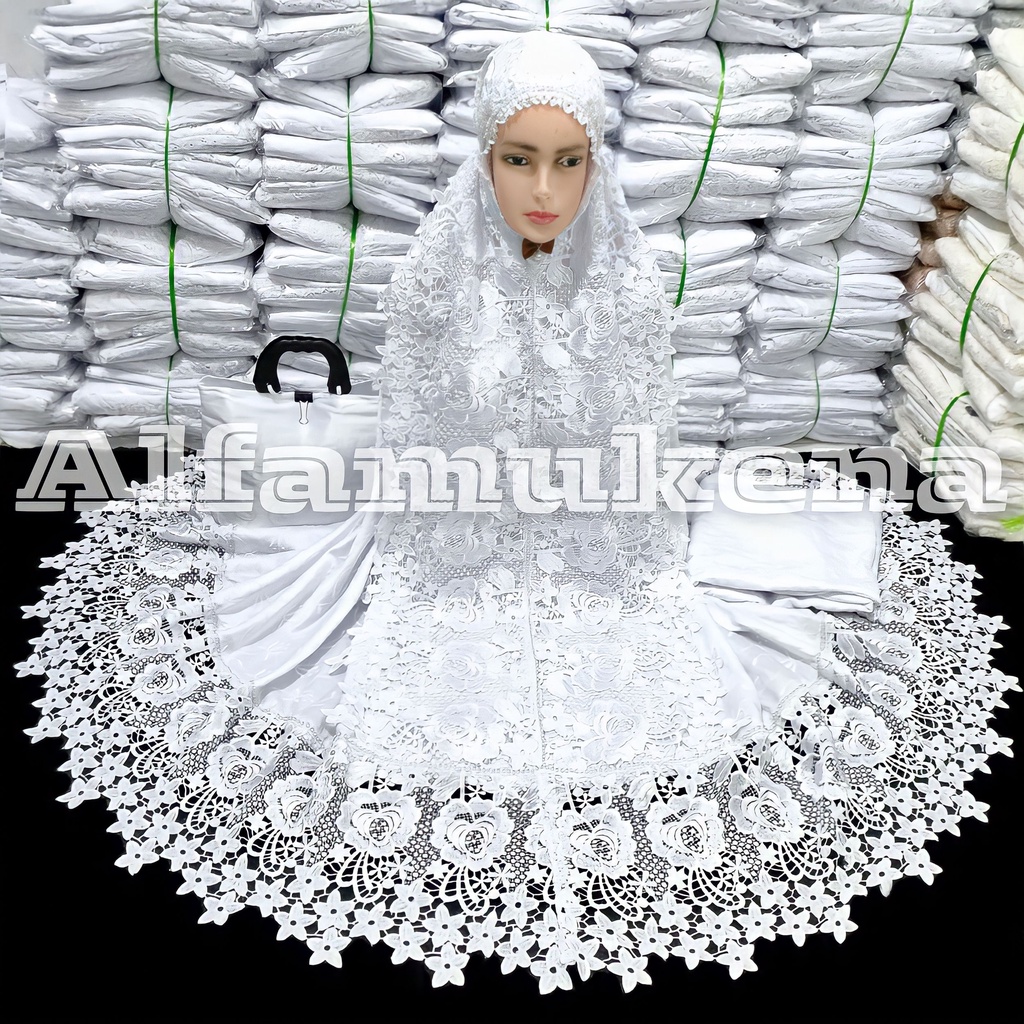Mukena dewasa sutra putih premium full renda swarovski