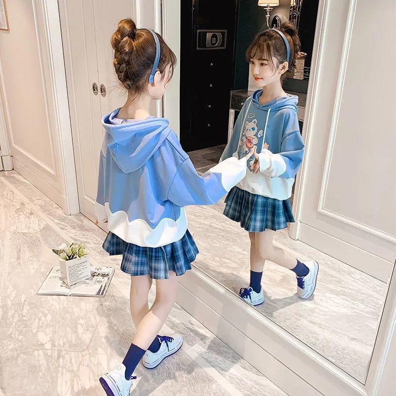 Setelan Anak Perempuan Teen DENTA Baju Remaja Perempuan Sweater Hoodie and Pleated skirt Korean Style Import