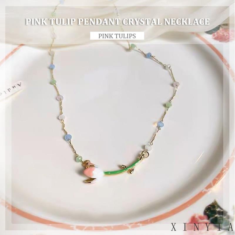 【Bayar di tempat】Kalung Rantai Kristal Liontin Tulip Pink Wanita Gaya Korea