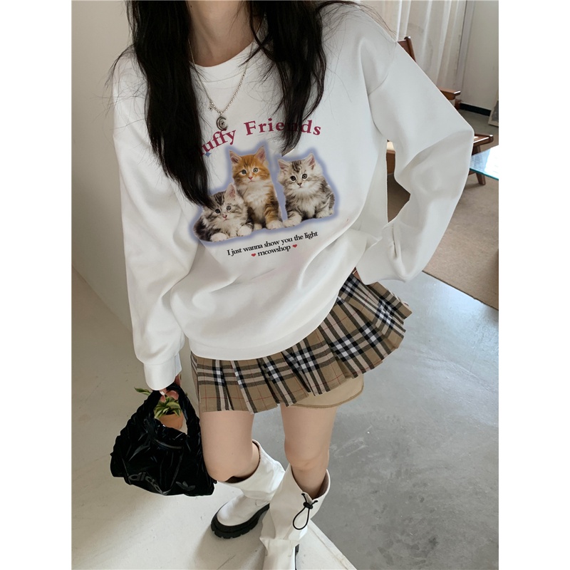 EUNII Sweater Lengan Panjang Three Cute Cat Korean Style/Hoodie Oversize/Baju Wanita/Switer Wanita