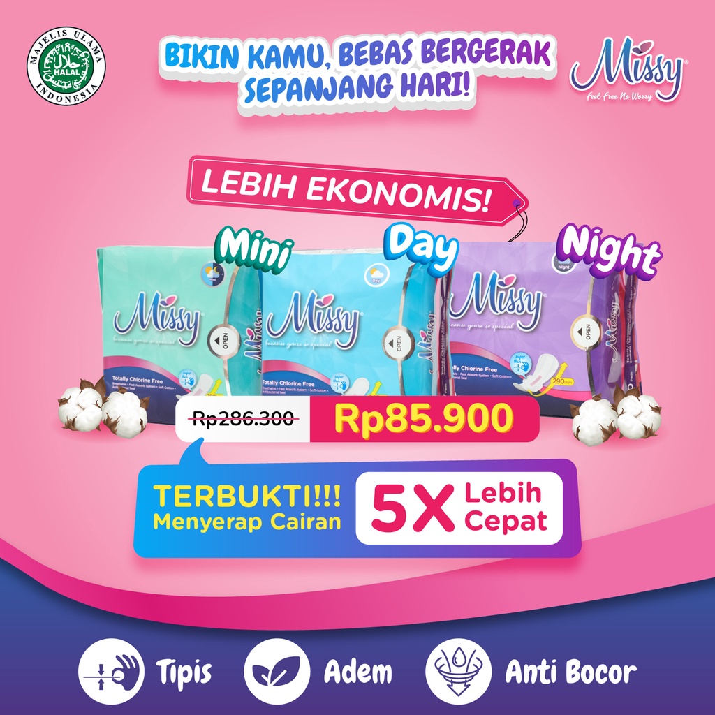 Paket Hemat Pembalut MISSY MINI, DAY dan NIGHT | Pembalut dan Pantyliner HERBAL Kesehatan  Wanita | Non Wings dan Wings | Perawatan Miss V Menstrual Pad Menstruasi | Anti Bacterial Jamur Virus | Anti Bocor