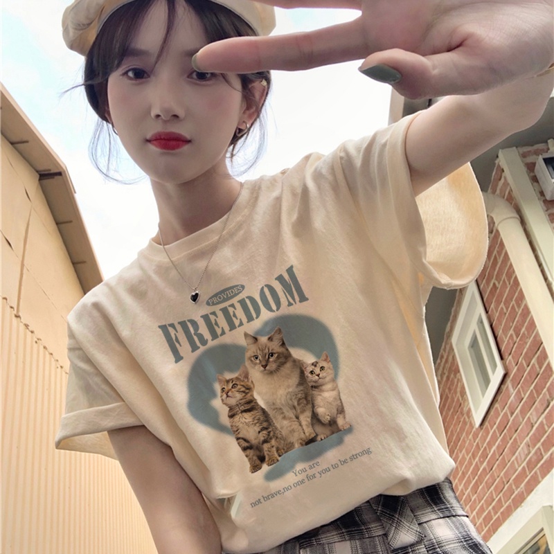 Print T-shirt Kaos Lengan Pendek Cartoon Cat Oversize Korean Style