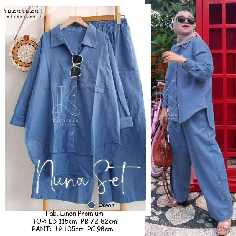 Nuna set-setelan wanita baju dan celana bahan linen premium