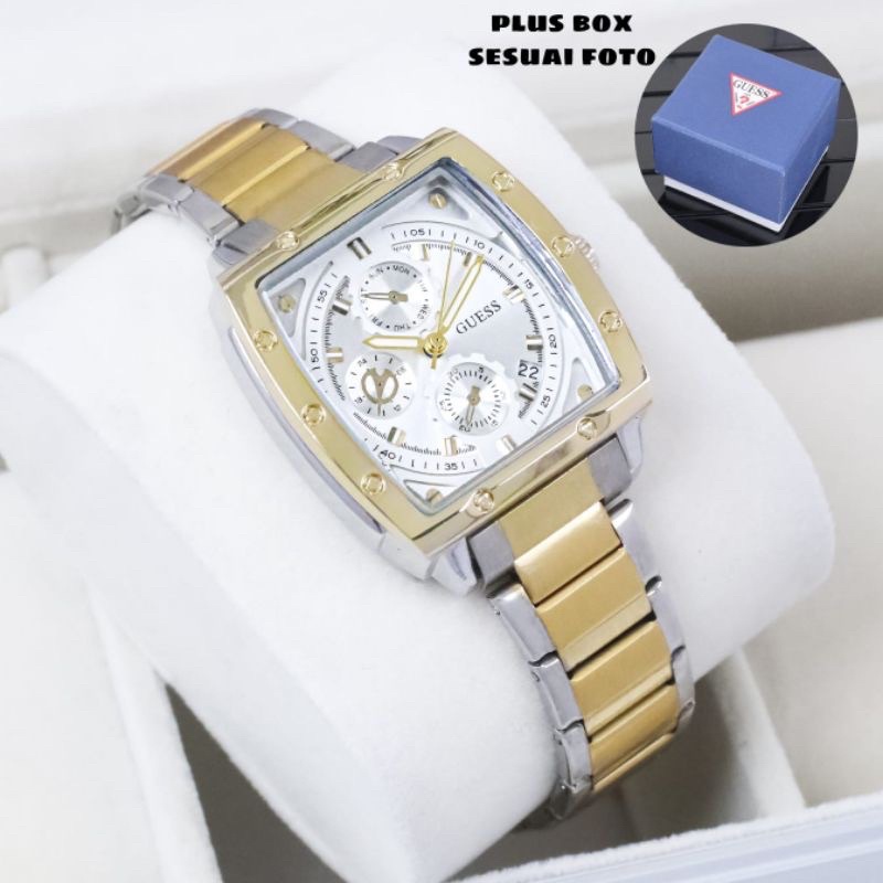 (Grosir)Jam Tangan Wanita Fashion Gues Kota Model AC Tanggal Aktif Crono Strap Rantai/Stell(COD)