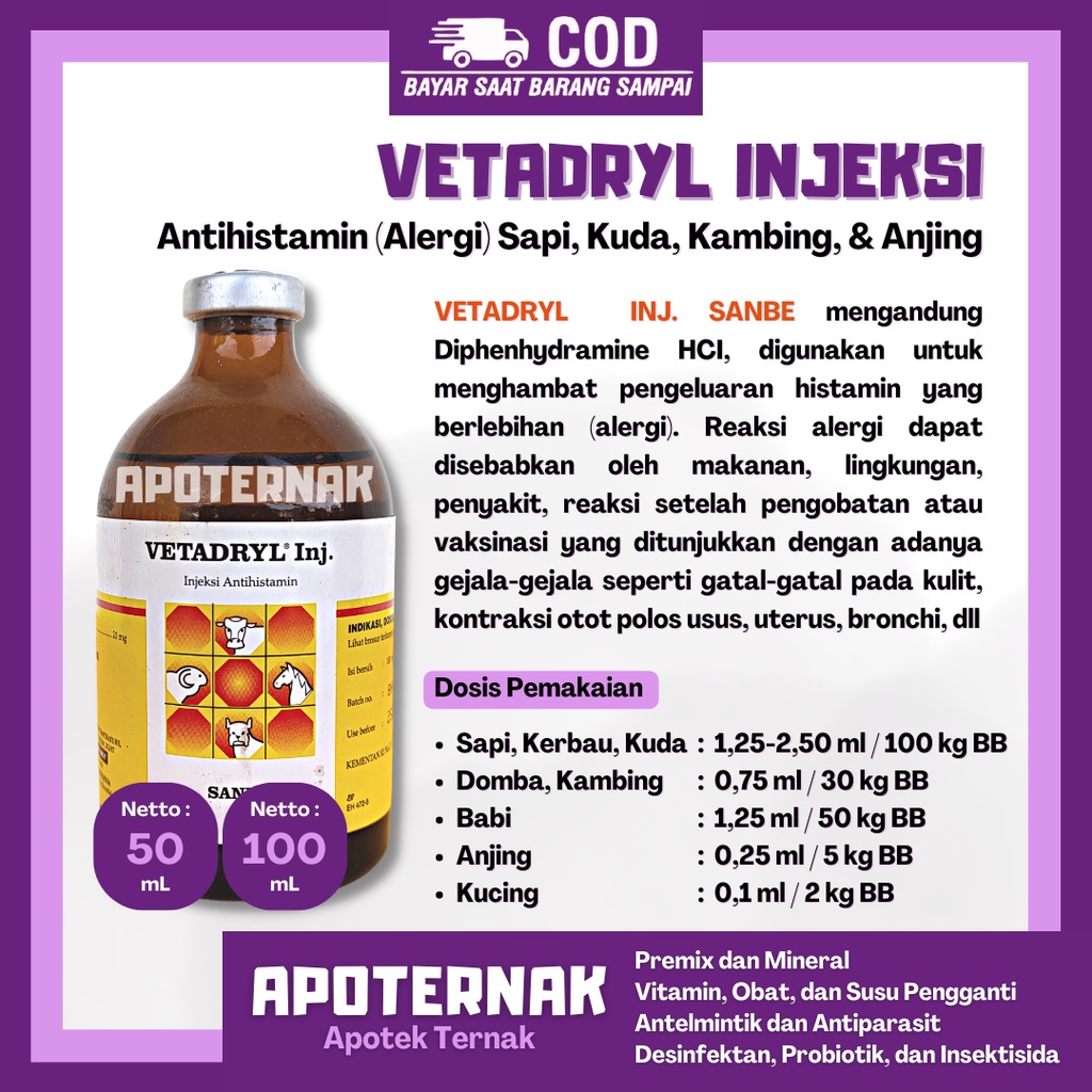 VETADRYL Injeksi | Obat Alergi Makanan Lingkungan Obat Pada Ternak Sapi Kambing Anjing Kucing | SANBE | Apoternak