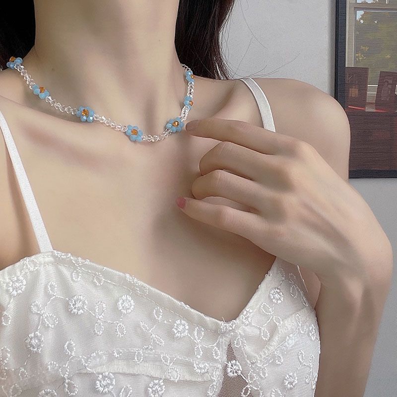 Kalung Manik Rangkai Bunga Kristal Lucu Simple Unik Korean Style Fancy