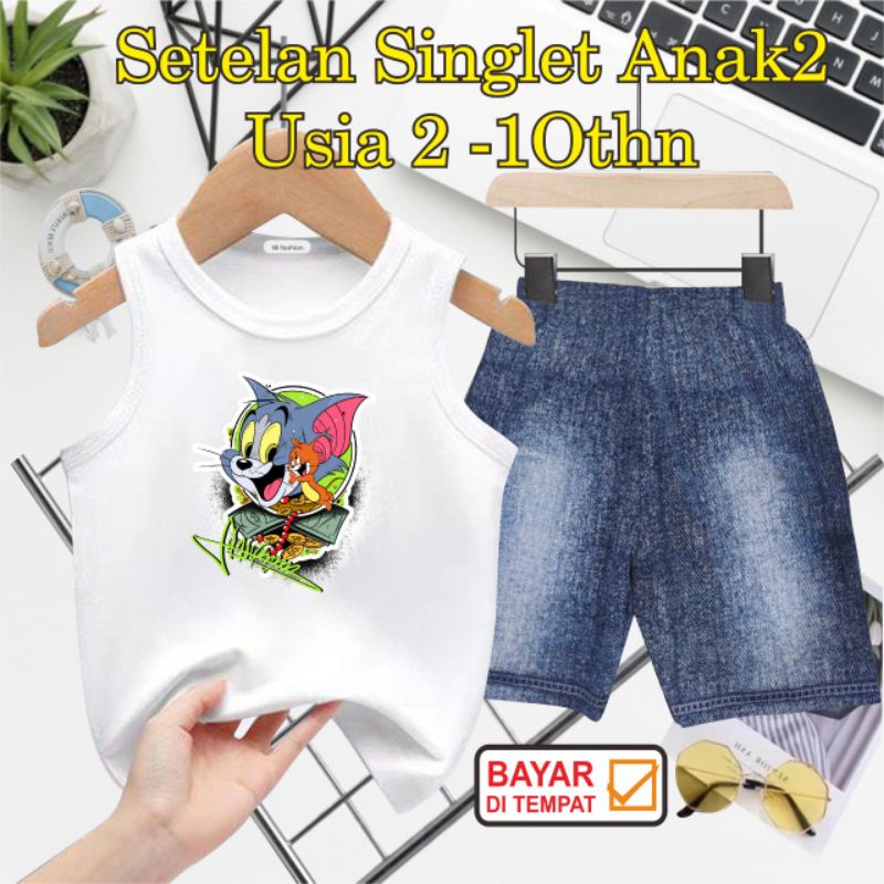 ((IB))SETELAN SINGLET ANAK SEMI JEANS/T0M&amp;JERRY DIGITAL SABLON