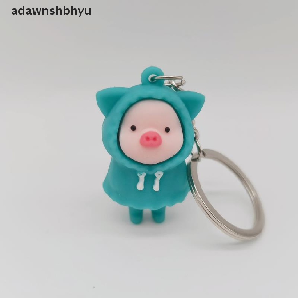 Adawnshbhyu Kartun Lucu Jas Hujan Piggy Doll Gantungan Kunci Memegang Kunci Babi Susu Ring Tas Liontin ID