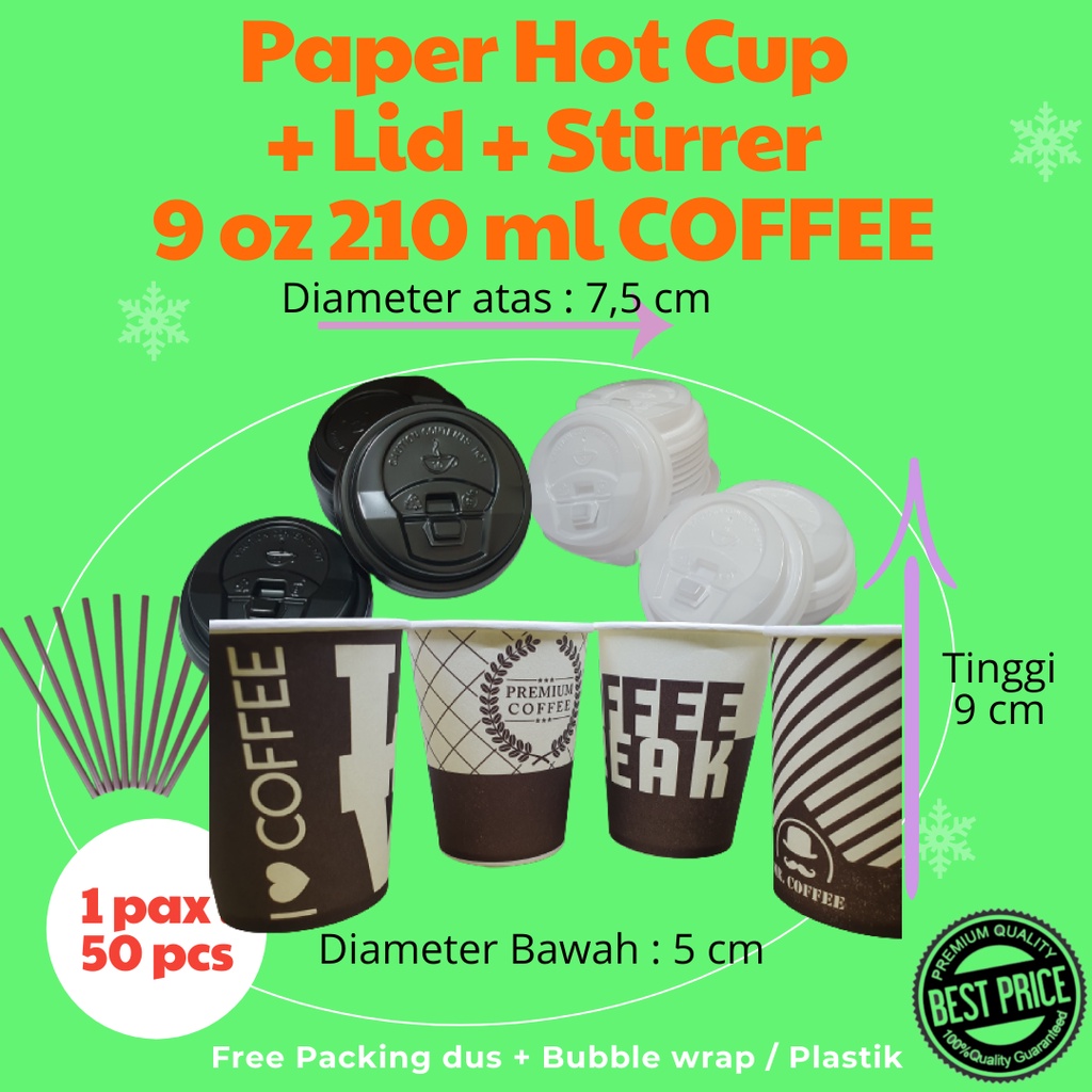 Paket Paper Hot Cup Gelas Kertas 9 oz 210 ml Motif Coffee  + Tutup Hitam / Putih + Stirrer 12 cm isi