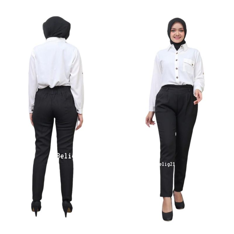 Celana Kerja Panjang Wanita Kantor Pinggang Karet Bahan Formal Hitam Polos Model Baggy Pants High Premium Viral