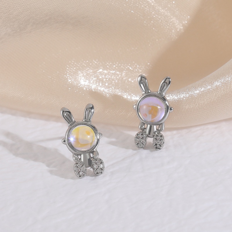 Korea Baru Moonstone Rabbit Earrings Mini Fashion Perak Kelinci Anting Wanita Tahun Baru Perhiasan Lucu