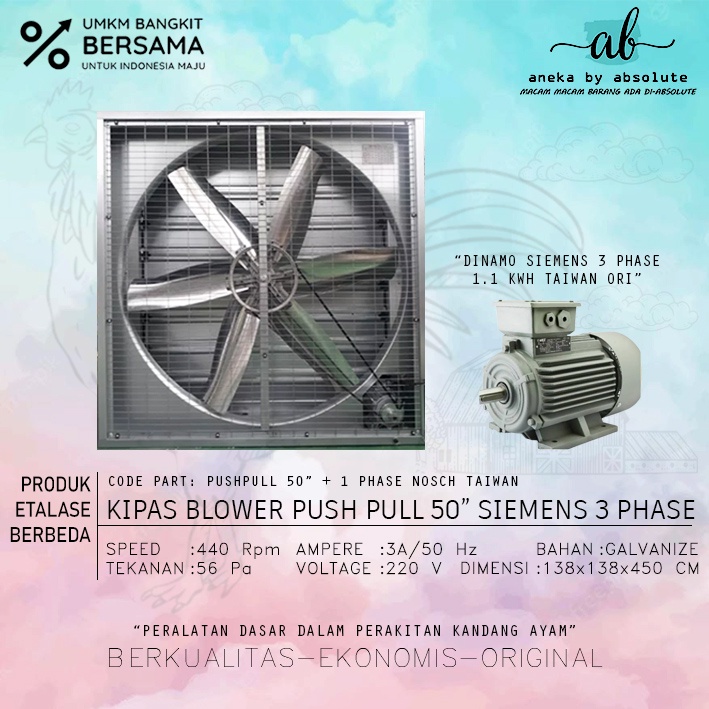 BLOWER PUSH PULL FAN 50" EXHAUST DINAMO SIEMENS 3 PHASE KANDANG AYAM