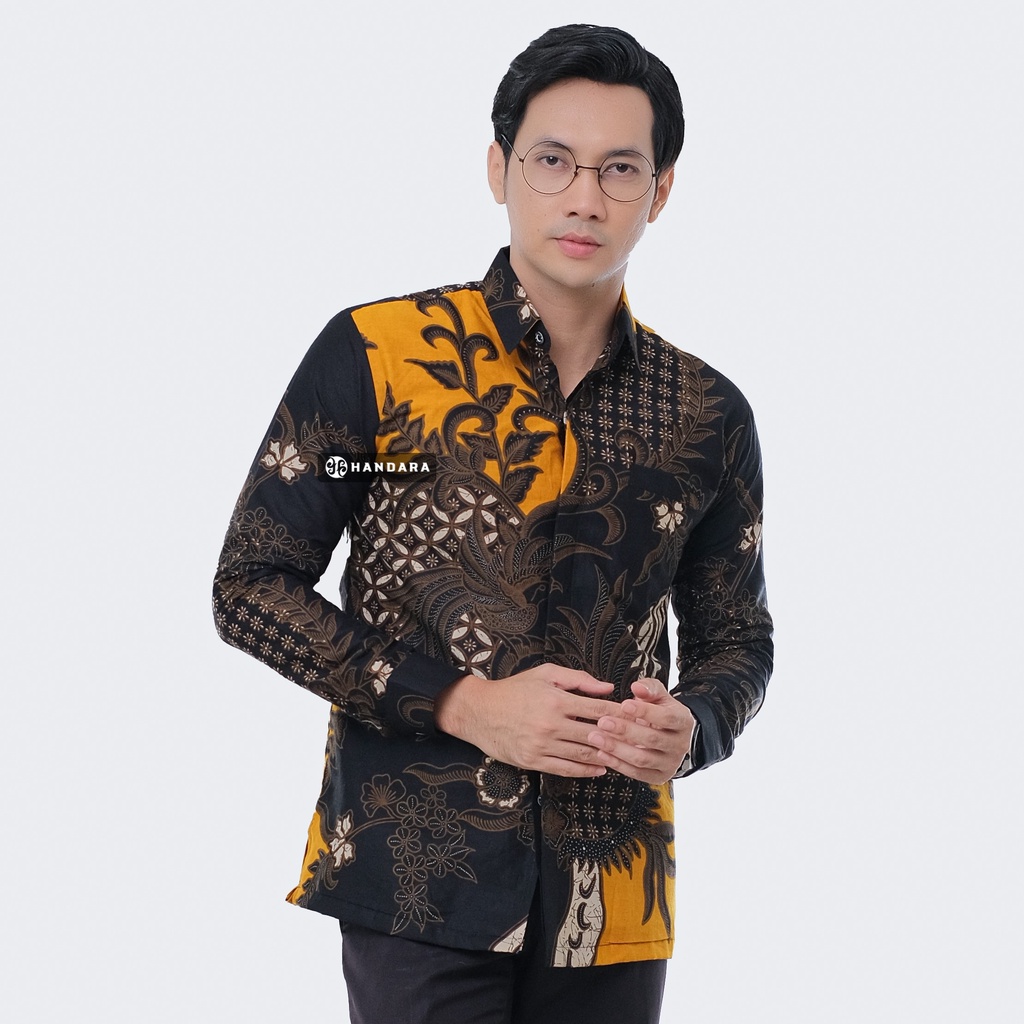 Baju Kemeja Batik Pria Lengan Panjang Slim Fit Premium Modern Full Furing Katun Halus Original Handara Motif Peksi Kuning Ireng HB-256