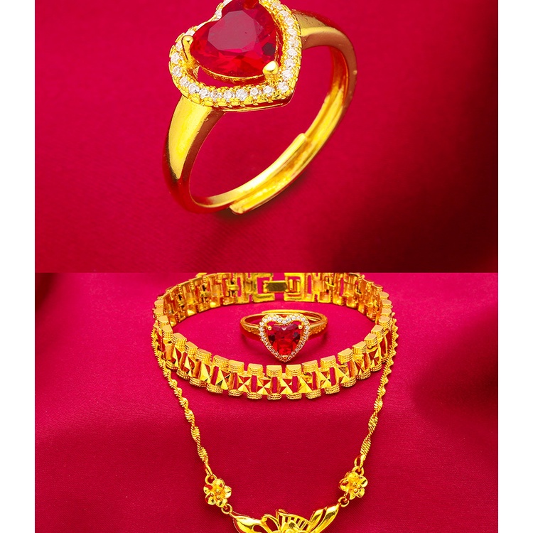 Goldkingdom Perhiasan Fashion Emas Asli Kadar 375 Bangkok Aksesoris Ready Stock Ruby Cincin Bunga Kalung Minimalis Gelang Pernikahan Set Untuk Wanita