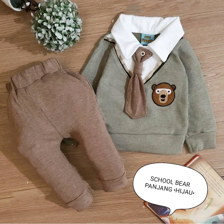 Setelan Anak Laki Laki - Baju Bayi Cowok Set Kemeja Rompi Dasi Tangan Dan Celana Pendek Dan Panjang Usia 3 Bulan-4 Tahun Motif School Bear