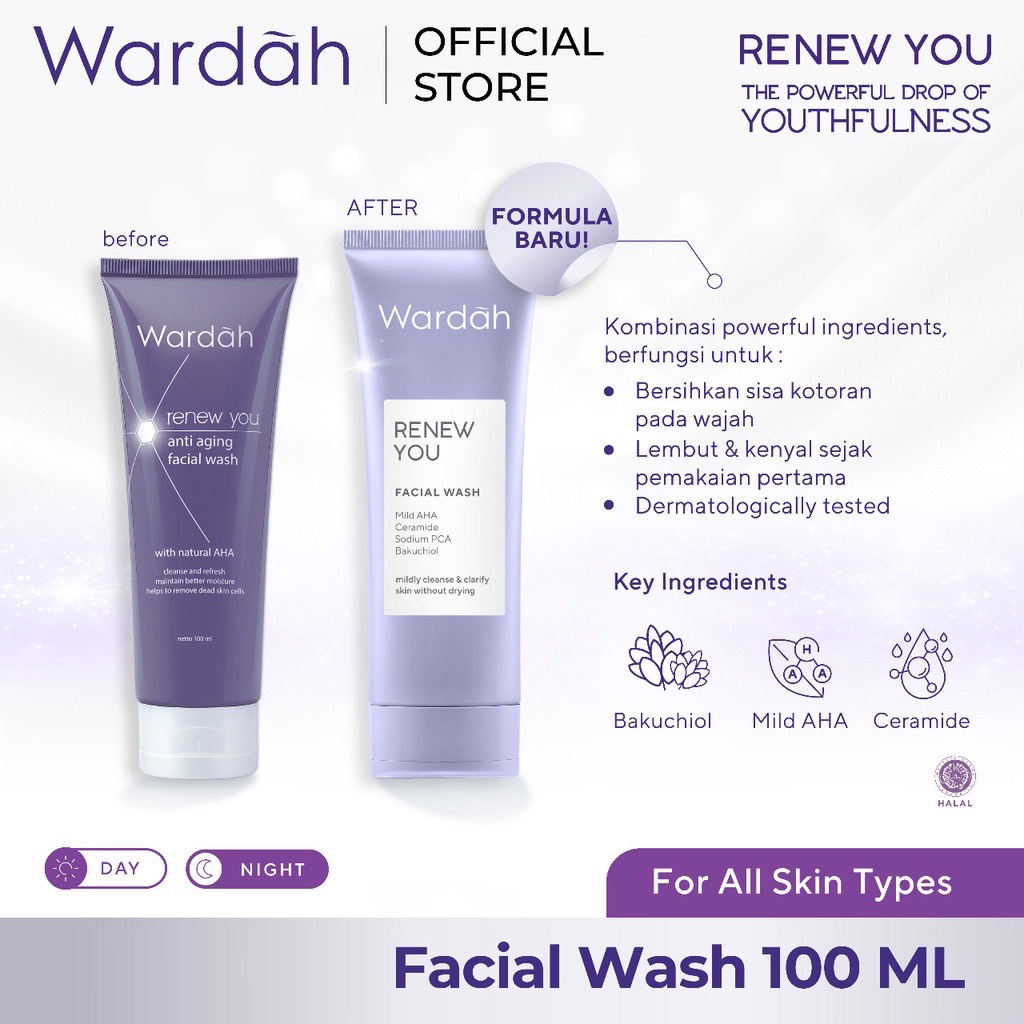 WARDAH Renew You Facial Wash Indonesia / Pembersih Wajah 100ml / Mild AHA Ceramide Sodium PCA Bakuchiol / Mildy Cleanse &amp; Clarify Skin Without Drying / Skincare Face Care / Cleanser Cleansing Sabun Bersih Cuci Muka / Re New Series Anti Aging Penuaan Dini