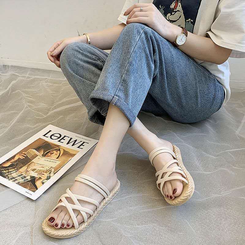 Sandal Slop Flat Tali Kepang Sendal Wanita Slip On Fashion Korea Style Kasual Nyaman Empuk PVC Azgalery SPT-42