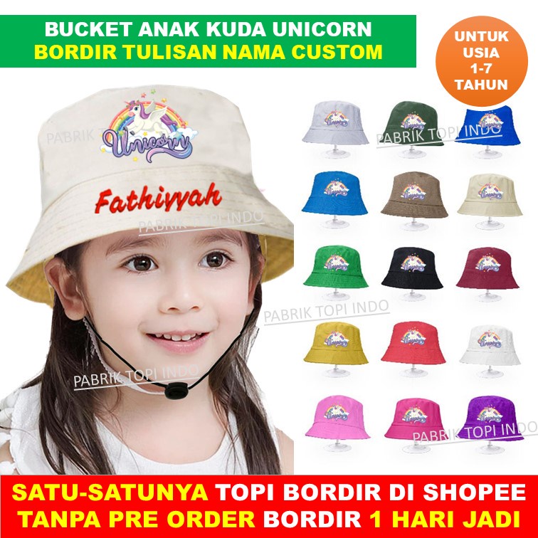 Bucket Anak Unicorn Topi Anak Kuda Tanduk Custom Bordir Nama Umur 1 - 7 Tahun