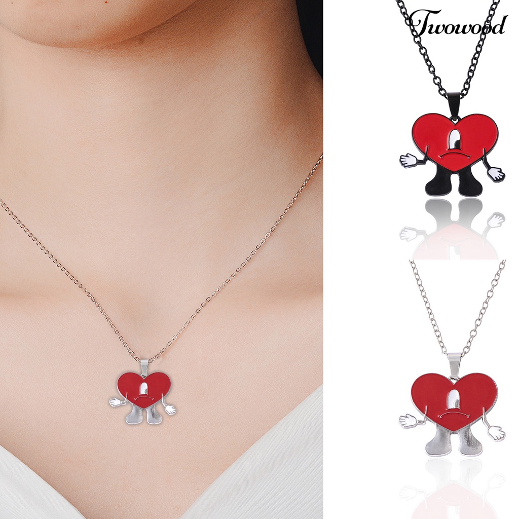 Twowood Liontin Kalung Pribadi Berbentuk Hati Rantai Salib Geometris Electroplating Leher Ornamen Colorfast Bad Bunny Heart Necklace Perhiasan Aksesori