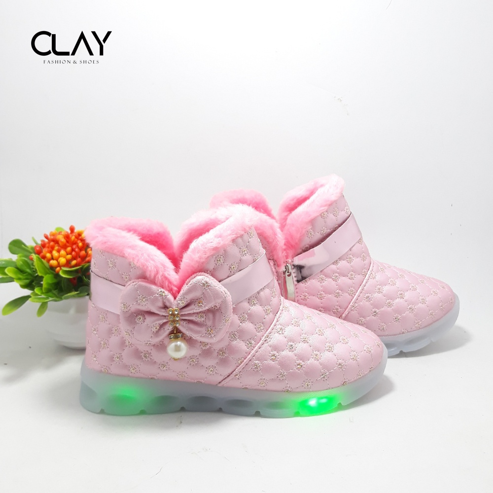 Clay| Sepatu Boot CN LED Lampu Anak Perempuan | Sepatu Boot Bulu Cantik