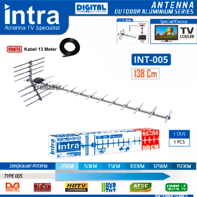 Antena TV Luar Digital INTRA INT-005 Free Kabel 13 Meter Original
