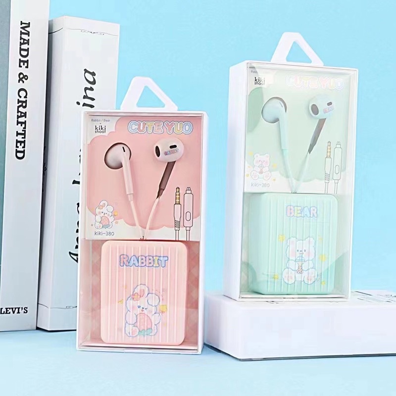 [ KI 380 ] Set Headset Earphone karakter seri RABBIT BEAR / + Wadah penyimpanan Earphone Motif in ear