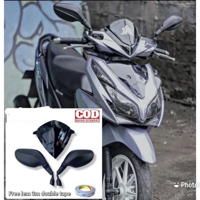 Paket visor bahan akrilik variasi vario 125 techno old plus kaca spion click motor polos pnp honda