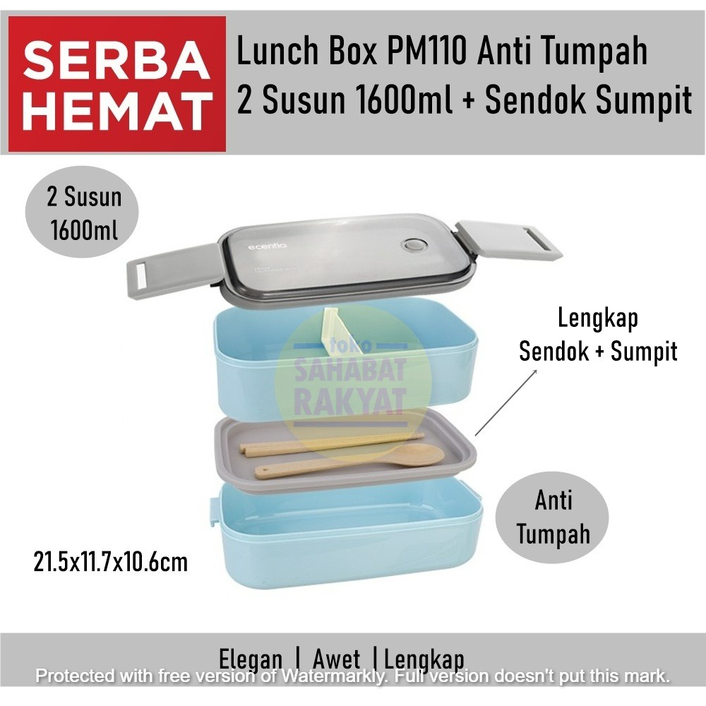 Lunch Box PM110 Anti Tumpah 2 Tingkat 1600ml + Sendok Sumpit (Model Ecentio)
