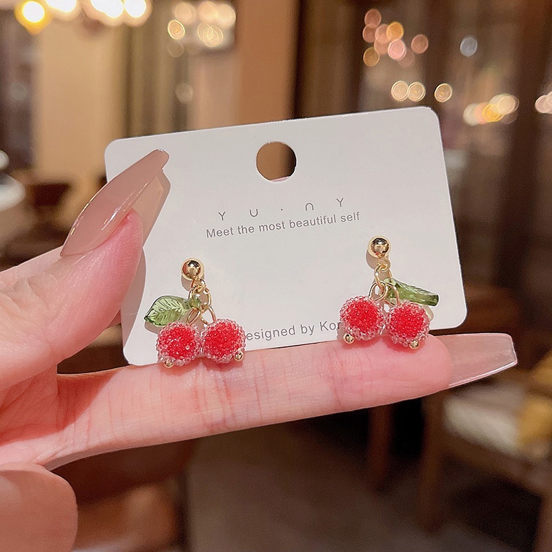 925 Perak Jarum Gula Manik-Manik Cherry Anting Fashion Perempuan Anting Lucu