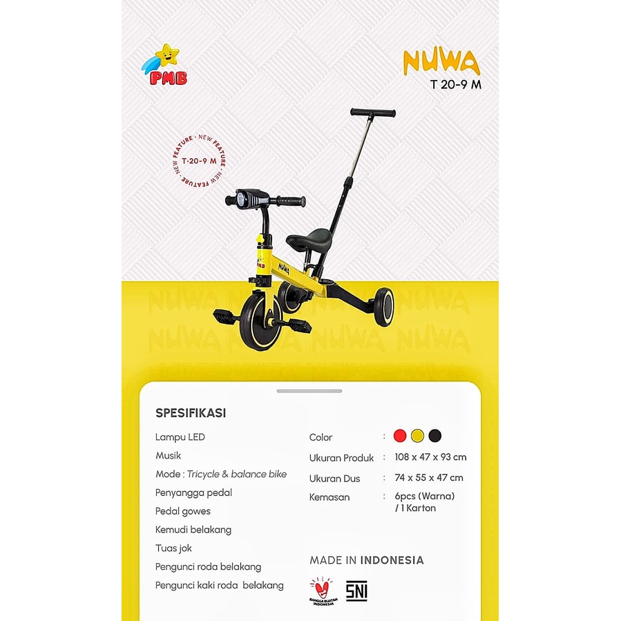 Sepeda Anak Roda 3 Tricycle PMB NUWA T20-9M Balance Bike Push Bike 3in1