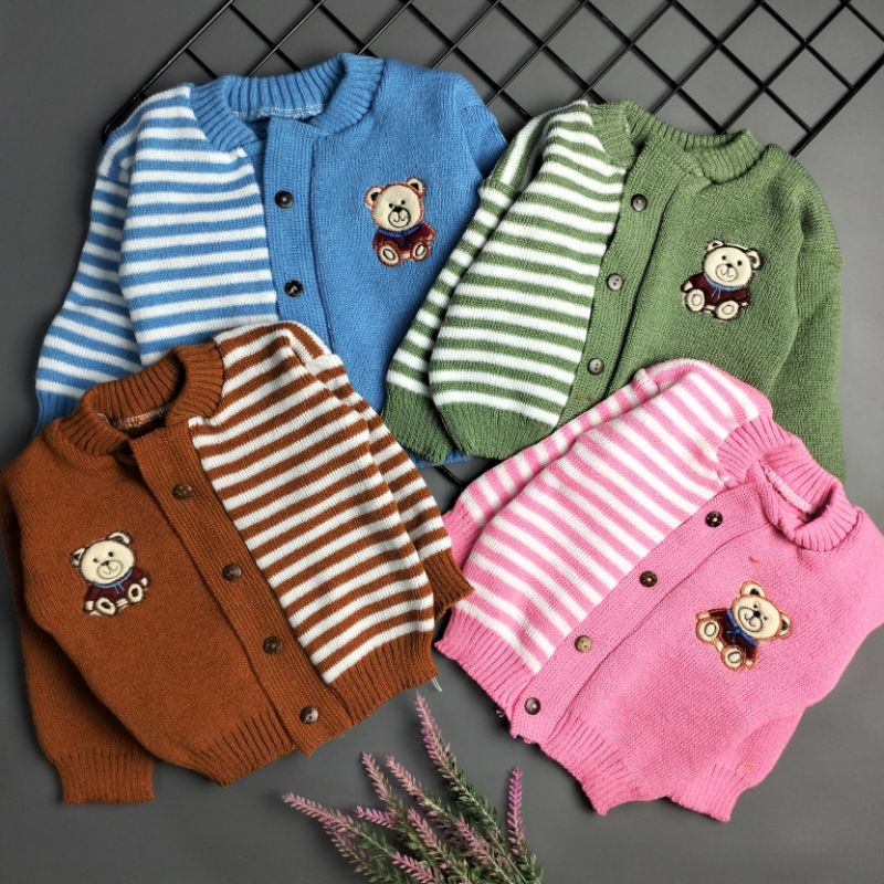 jacket mantel sweater rajut bayi 0-12 bulan bear garis