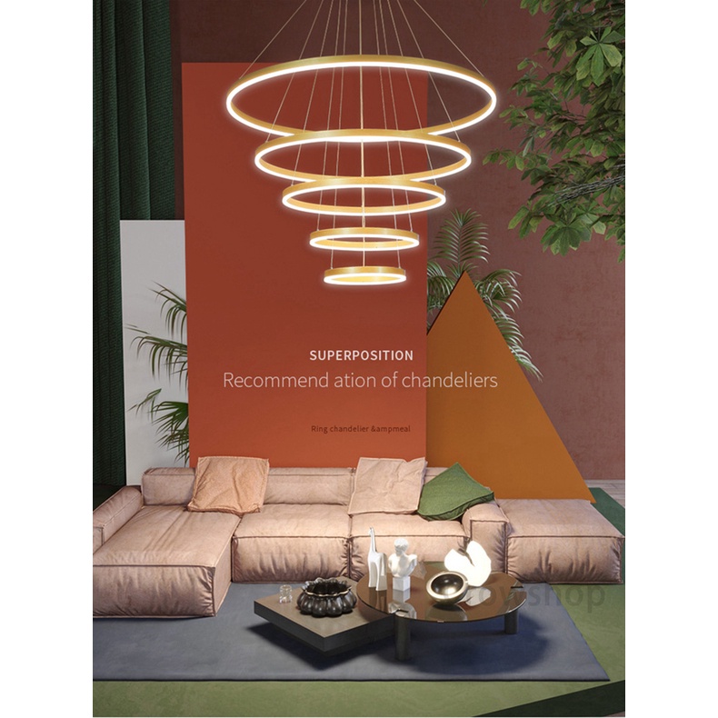 【Garansi 3 bulan】Lampu Gantung Ring LED 5 RING 100cm GOLD Minimalis Modern Ruang Tamu Untuk Kamar Tidur 180W Crowshop