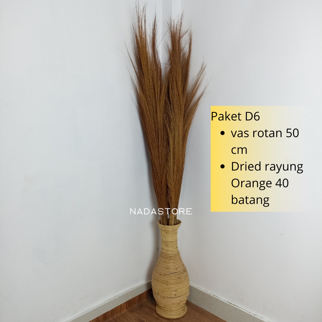 PAKET HEMAT BUNGA PAMPAS 40 BATANG DAN VAS ROTAN TINGGI 50 CM