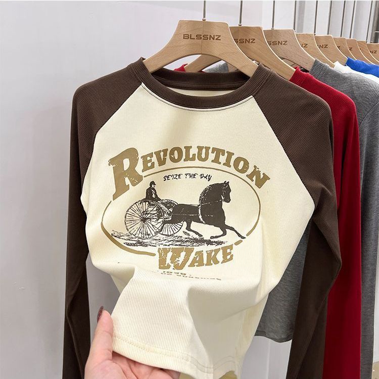 ✙▦▤Suhao American Retro Pencocokan Warna Raglan Bahu Slim Lengan Panjang T-shirt Wanita Musim Gugur dan Musim Dingin Rasa Desain Pendek bagian Dalam Kemeja Top