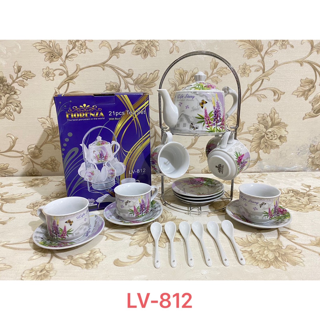 Tea Set Fiorenza 21 Pcs Keramik Motif Bunga Lavender LV-812