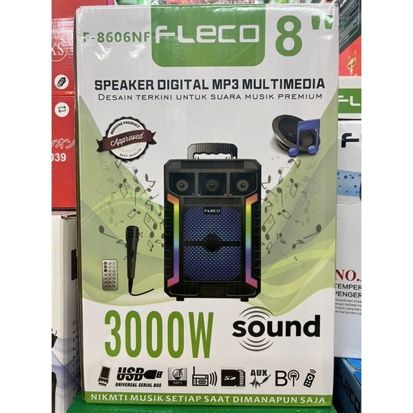 Speaker Bluetooth FLECO F-8803 / F-8606 / F-8607 / F-8604 / F-8609 LED 8.5 Inchi Bonus Mic Remote Speaker