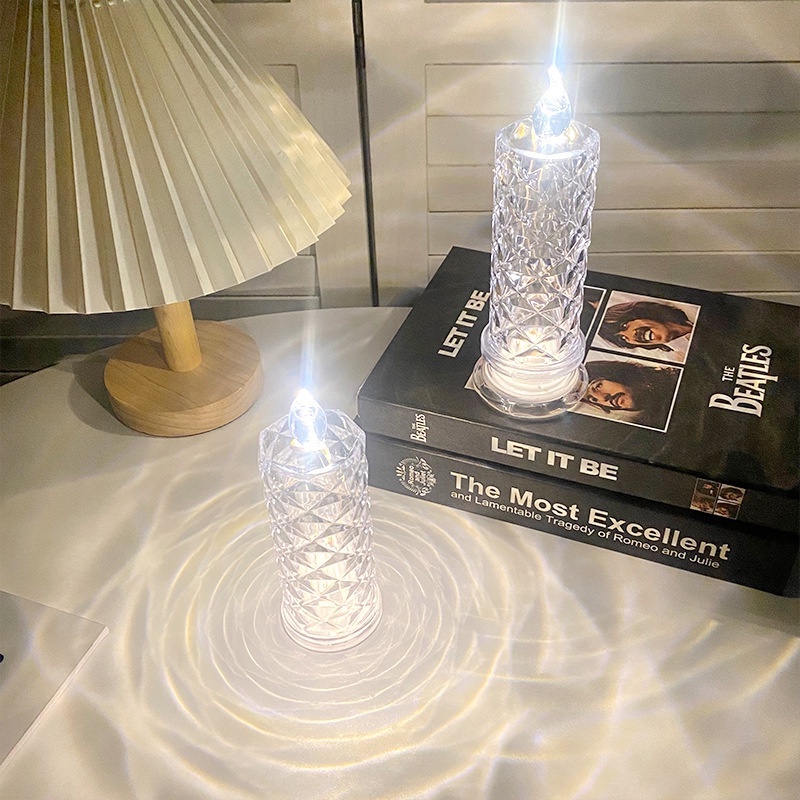 Flameless Candle LED Lighting Rose Projection Candle Lamp Kamar Dinner Suasana Props Romantis Kristal Lampu Refraktif Hari Valentine Dekorasi Pesta Pernikahan