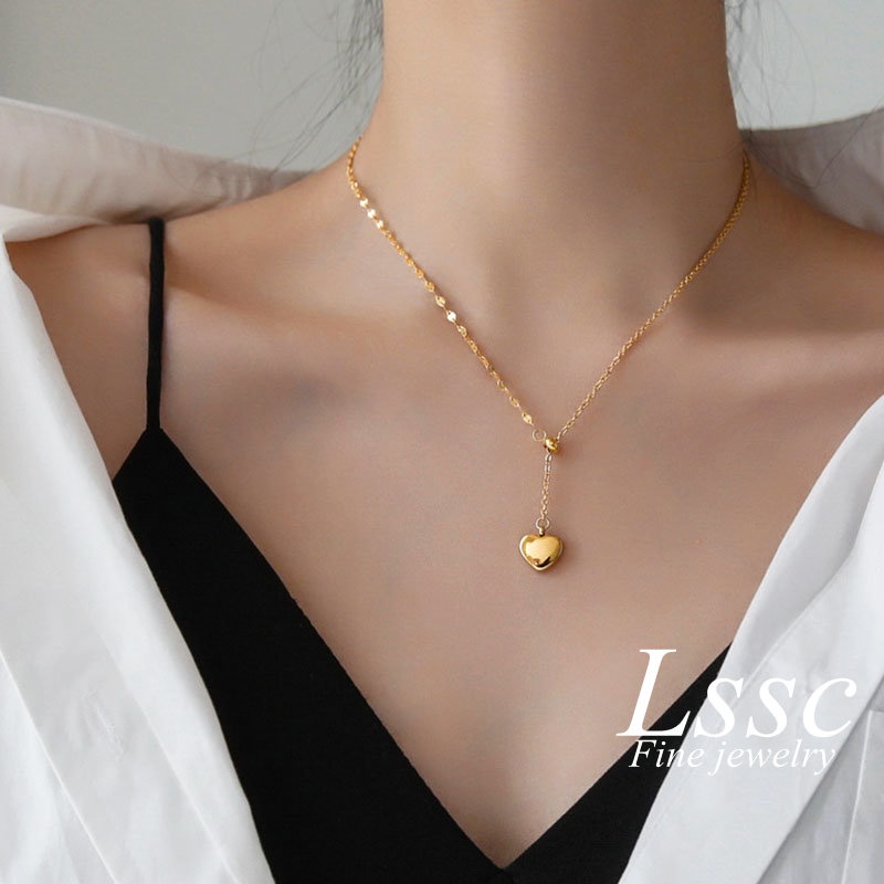 Kalung Titanium Serut Hati Rumbai Panjang Emas 18K Cantik Aksesoris Wanita Fashion Korea