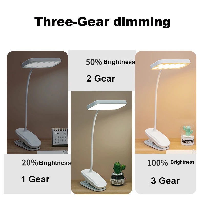 3gears Lampu Meja Baca Adjustable Pelindung Mata Belajar Pencahayaan Pengisian USB Lampu Malam360° Lampu LED Fleksibel Dengan Klip Cocok Kamar Tidur Dapur Asrama