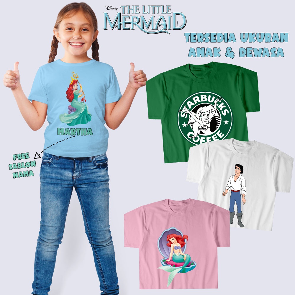 Baju Mermaid Princess Ariel Anak dan Dewasa Kaos Couple Keluarga Ibu dan Anak Motif  Mermaid Ariel