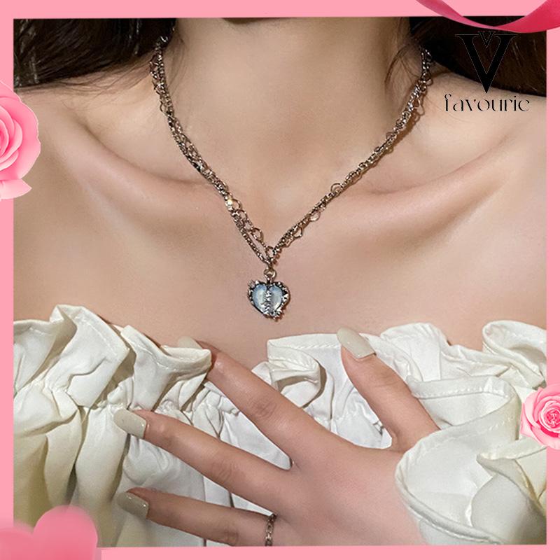 CODKalung Rantai Multilayer Liontin Hati Aksen Zircon Untuk Perhiasan Wanita-FA