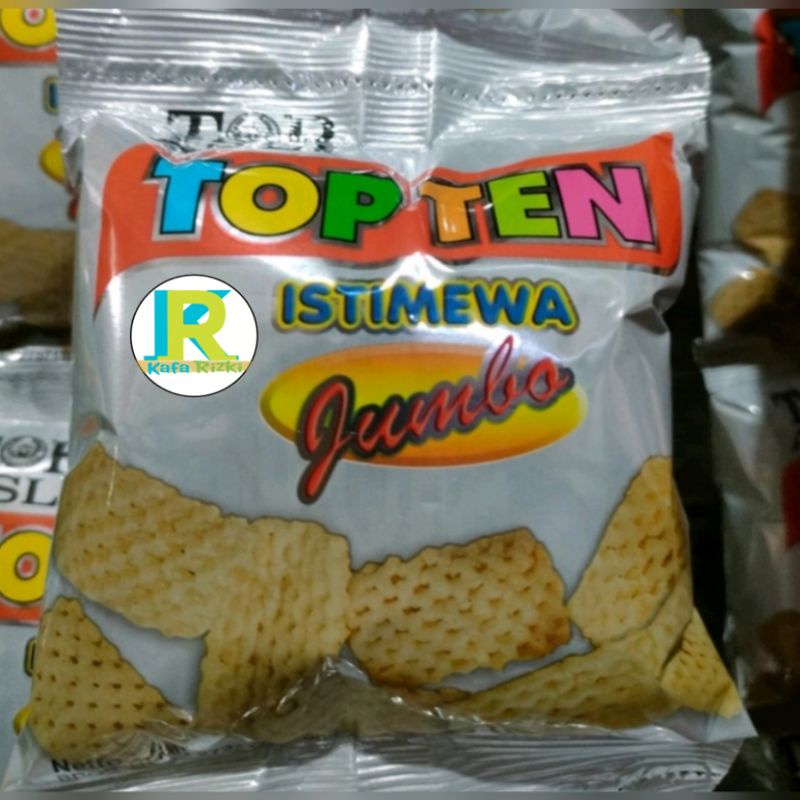 

TOP TEN ISTIMEWA JUMBO, SNACK JADUL GURIH, KEMASAN 1 RENCENG ISI 10 PCS X 8 GR