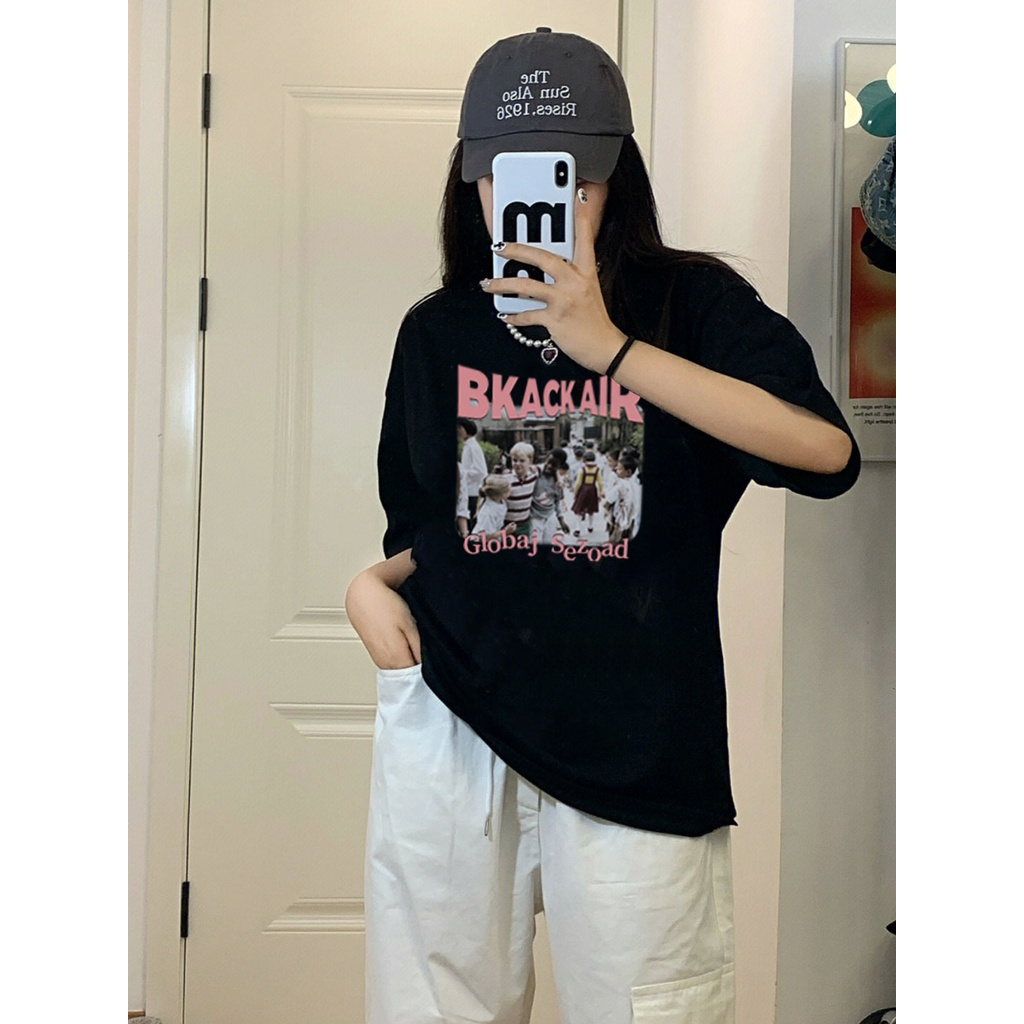 [100%  Katun]Kaos American Retro Oversize Kekinian Lengan Pendek Korean Style Printed T-shirt Baju Wanita Hitam