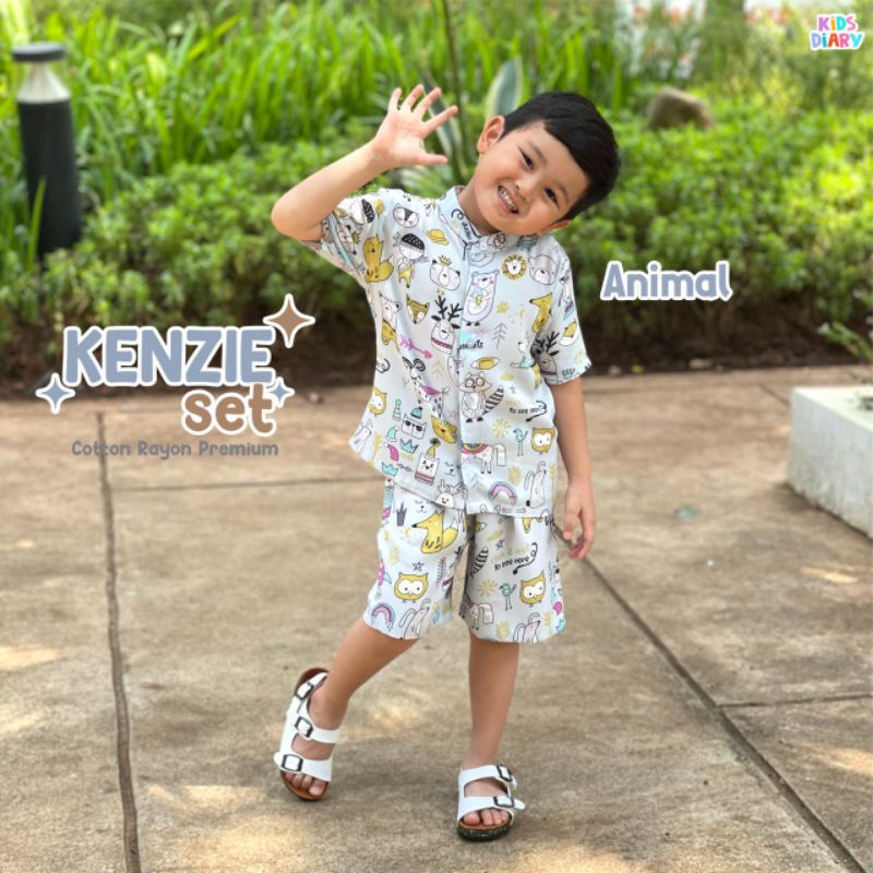 Setelan Kemeja Anak Celana Pendek Motif Lucu Kenzie Set