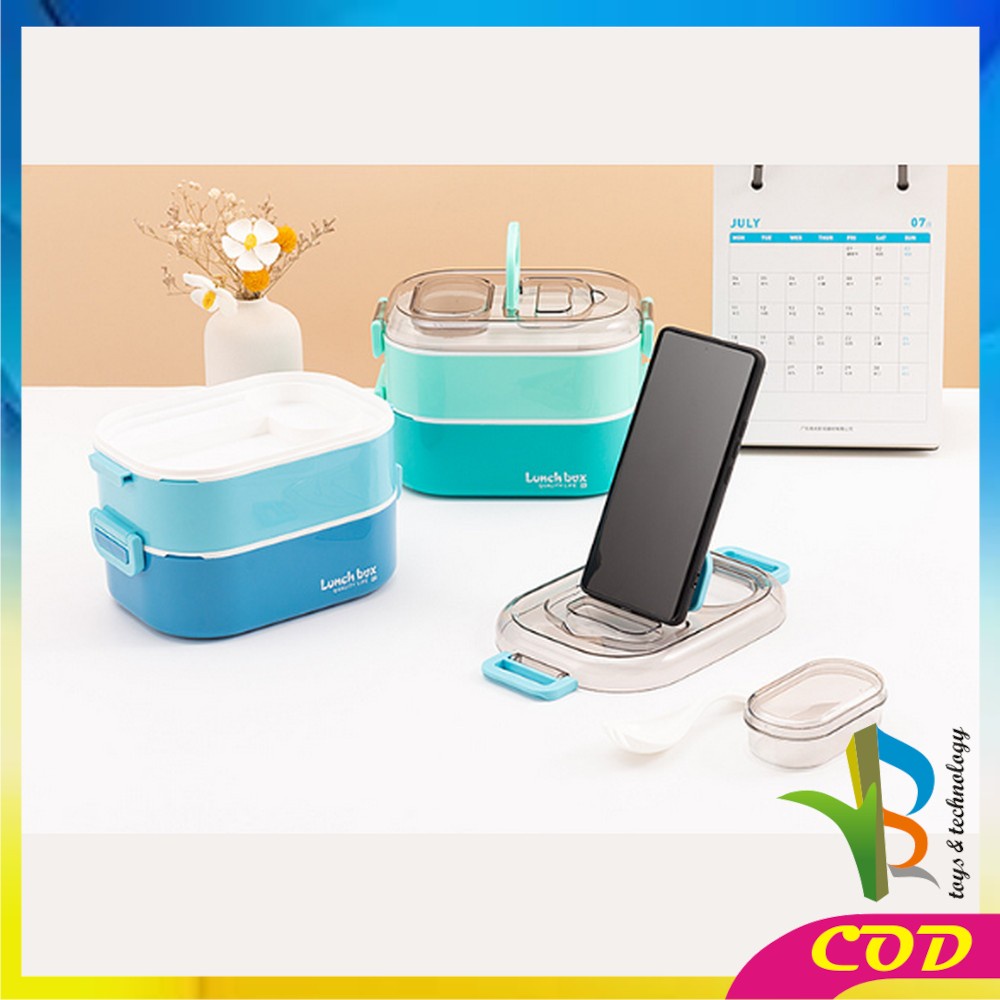 RB-C696 Tempat Makan Set 2 Tingkat Anti Tumpah / Lunch Box Susun Free Sendok Portable / Kotak Bento Tingkat Dengan Pegangan Set BPA FREE  VARIASI