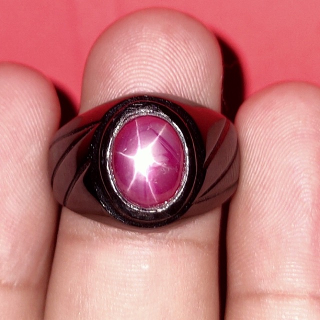 Cincin Batu Akik Natural Ruby 6 Star Ring Hitam Titanium