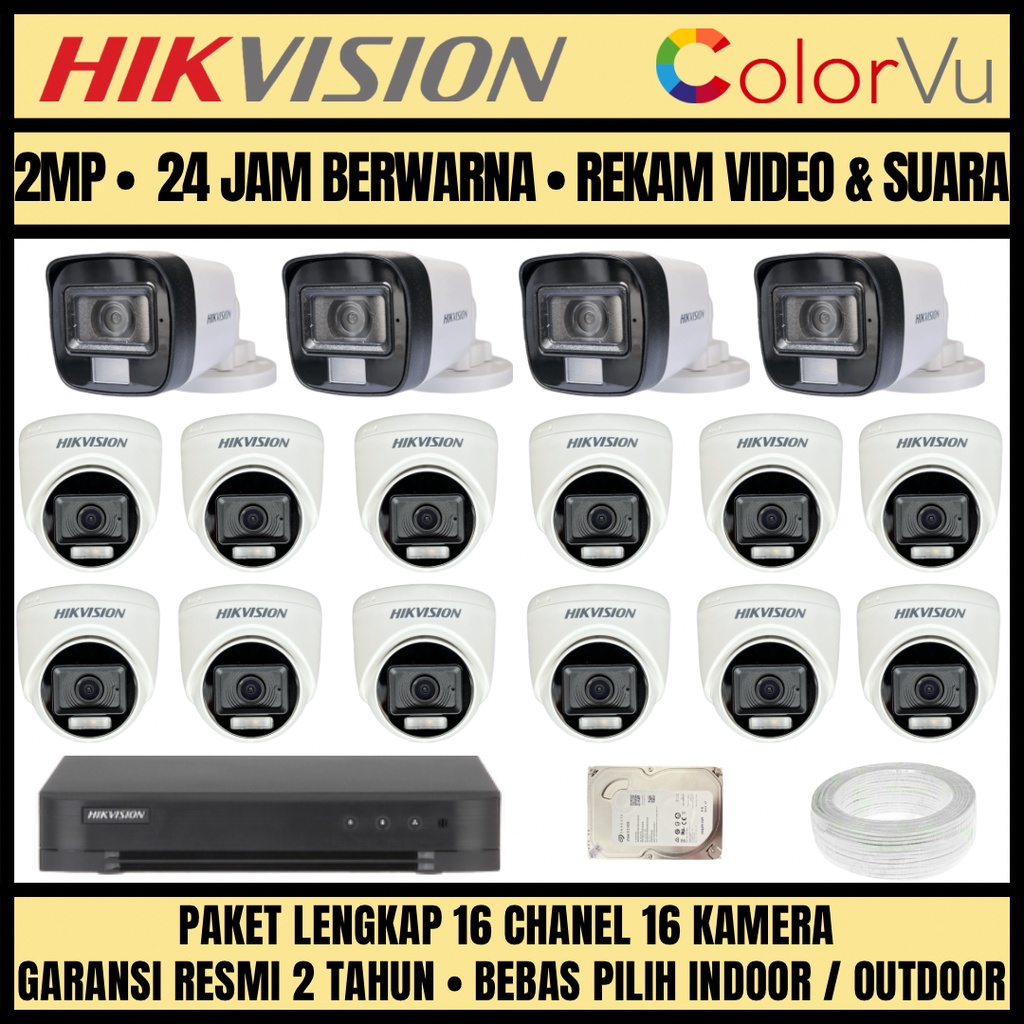 PAKET CCTV HIKVISION COLORVU 2MP 16 CHANNEL 16 CAMERA KAMERA CCTV COLORFUL